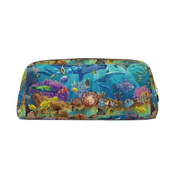 Uemuo Sea World Printed Leather Pencil Case, Pencil Pouch, Portable Pencil Bag, Pen Case for& Office