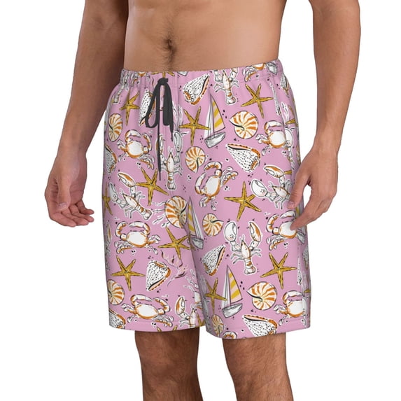 Uemuo Seafood Pattern Men's Swim Trunks Hawaiian Beach Bathing Suit Swimsuits Beach Quick-Dry Shorts with Pockets-