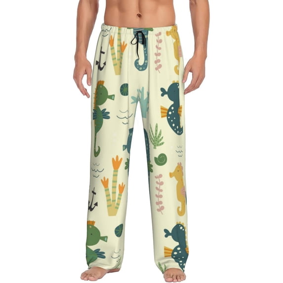 Uemuo Seahorse Pattern Men's Wide Leg Palazzo Lounge Pants with Pockets Light Weight Loose Comfy Casual Pajama Pants-Small