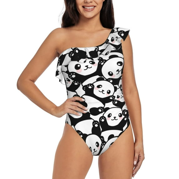 Uemuo Seamless Pattern Cute Panda Print Women's One Piece Swimsuit Asymmetrical Neck Bathing Suit One Shoulder Side Cutout Ruffle Swimwear-Medium