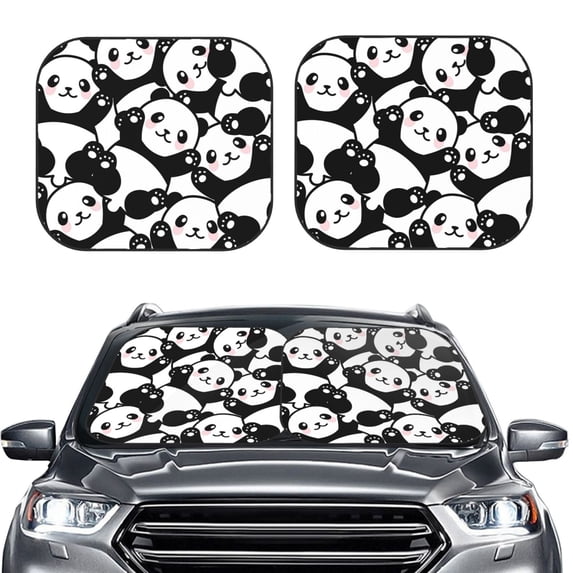 Uemuo Seamless Pattern Cute Panda Printed 2 PCS Car Windshield Sun Shade, Auto Sun Heat and UV Rays Blocker, Foldable Automotive Front Window Sunshade Protector