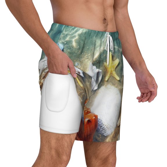 Uemuo Seashell On The Beach Pattern Mens Swim Trunks Quick Dry Board Shorts with Mesh Lining, Stretch Beach Shorts Quick Dry No-Chafing Board Shorts-Small