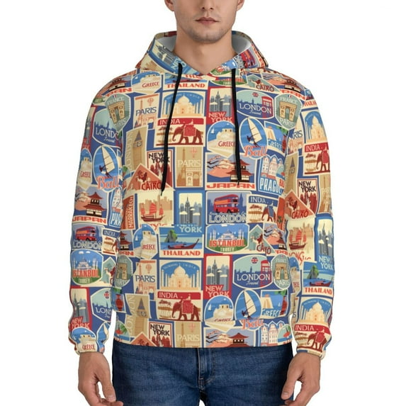 Uemuo Set Of Travel Vintage Pattern Men's Hoodie - Casual Pullover Hoodie with Kangaroo Pocket, Stylish Hooded Sweatshirt for Everyday Wear-Small