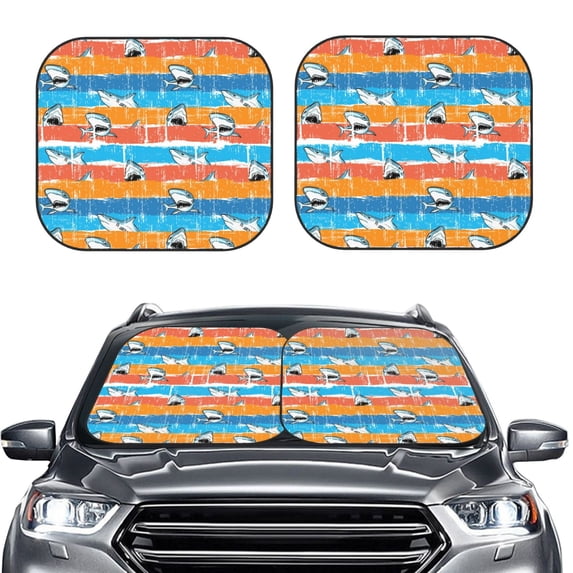 Uemuo Shark On Line Printed 2 PCS Car Windshield Sun Shade, Auto Sun Heat and UV Rays Blocker, Foldable Automotive Front Window Sunshade Protector
