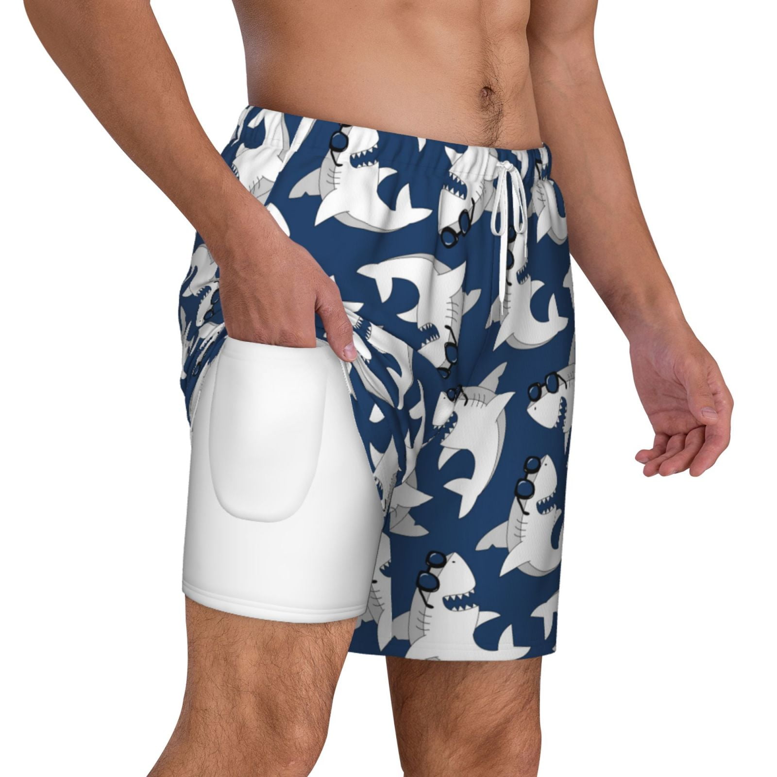 Uemuo Shark Pattern Mens Swim Trunks Quick Dry Board Shorts with Mesh