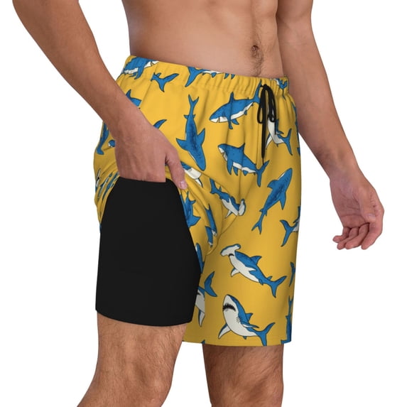 Uemuo Shark Print Pattern Mens Swim Trunks Quick Dry Board Shorts with Mesh Lining, Stretch Beach Shorts Quick Dry No-Chafing Board Shorts-Large