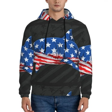 Uemuo Shark With USA Flag Pattern Men's Hoodie - Casual Pullover Hoodie with Kangaroo Pocket, Stylish Hooded Sweatshirt for Everyday Wear-Large
