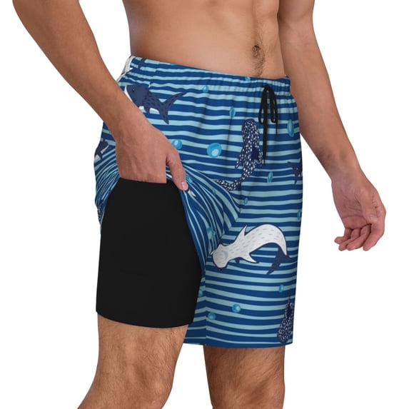 Uemuo Sharks on White Blue Striped Pattern Mens Swim Trunks Quick Dry Board Shorts with Mesh Lining, Stretch Beach Shorts Quick Dry No-Chafing Board Shorts-X-Large