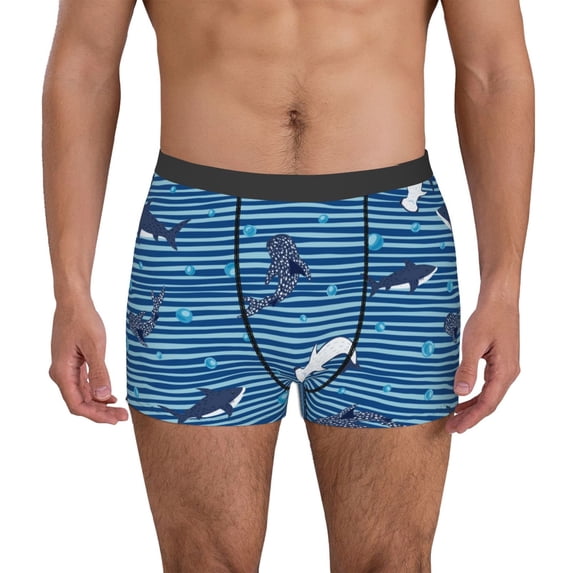 Uemuo Sharks on White Blue Striped Pattern Men's Boxer Briefs,Trunk Anti-Chafing,Comfortable, Durable, and Stylish Underwear-Medium