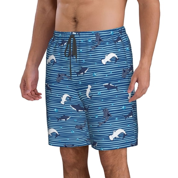 Uemuo Sharks on White Blue Striped Pattern Men's Swim Trunks Hawaiian Beach Bathing Suit Swimsuits Beach Quick-Dry Shorts with Pockets-Small
