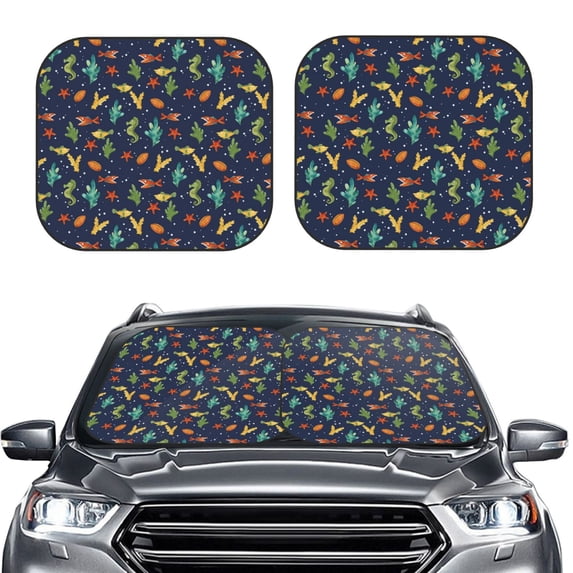 Uemuo Shells and Seaweed Printed 2 PCS Car Windshield Sun Shade, Auto Sun Heat and UV Rays Blocker, Foldable Automotive Front Window Sunshade Protector