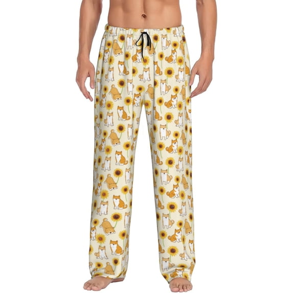 Uemuo Shiba Inu Sunflower Pattern Men's Wide Leg Palazzo Lounge Pants with Pockets Light Weight Loose Comfy Casual Pajama Pants-Small
