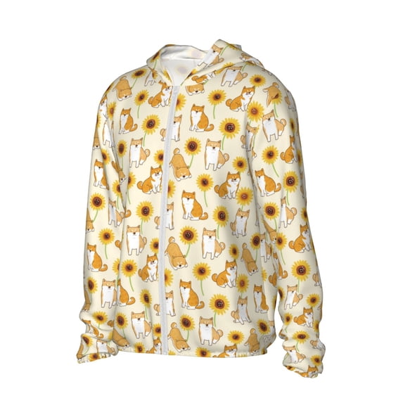 Uemuo Shiba Inu Sunflower Pattern Women's Full Zip UPF 50+ Sun Protection Hoodie Jacket Long Sleeve Sun Shirt Hiking Outdoor Performance with Pockets-Large