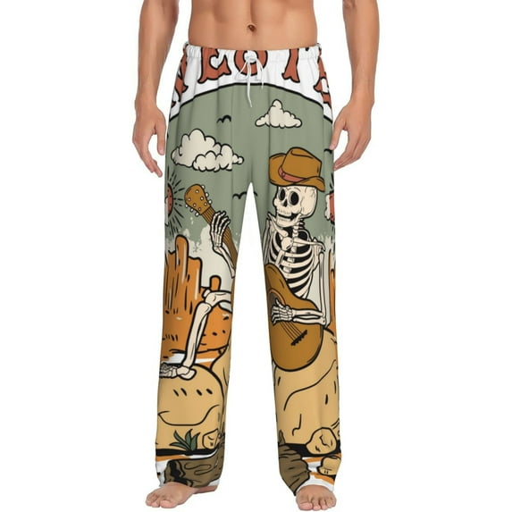 Uemuo Skeleton Cowboy And Guitar Pattern Men's Wide Leg Palazzo Lounge Pants with Pockets Light Weight Loose Comfy Casual Pajama Pants-XX-Large