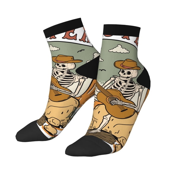 Uemuo Skeleton Cowboy And Guitar Printed Crew Socks, Moisture-Wicking Socks, Athletic Socks for Men Breathable Cushion Socks Casual Sport Socks for Running Traveling