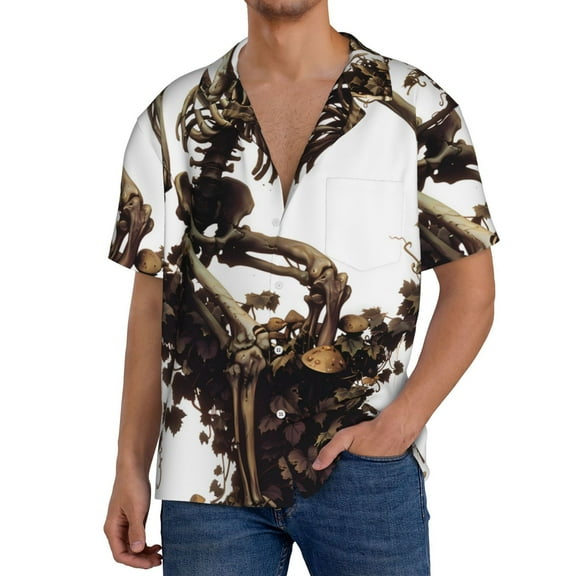 Uemuo Skeleton Dance with Mushrooms Pattern Cotton Linen Short Sleeve Shirts,Casual Lightweight Button Down Shirts,Vacation Beach Summer Tops-X-Large