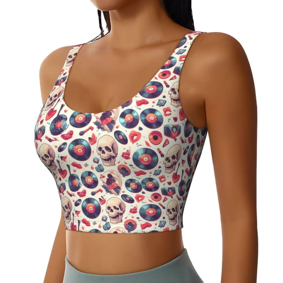 Uemuo Skull Guitar record lips Pattern Women's Sports Bra - High Impact Support, Breathable, and Comfortable Athletic Bra for Running, Yoga, and Workouts