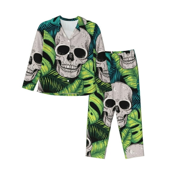 Uemuo Skull and Palm Leaves Pattern Womens Pajama Sets,PJ Set for Women,Pajamas for Women Logo,Long Sleeve Pajama Set for Women,Soft Long Sleeve Top With Pants-XX-Large