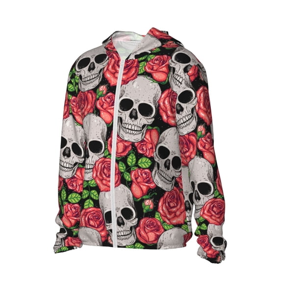 Uemuo Skull and Roses Pattern Women's Full Zip UPF 50+ Sun Protection Hoodie Jacket Long Sleeve Sun Shirt Hiking Outdoor Performance with Pockets-