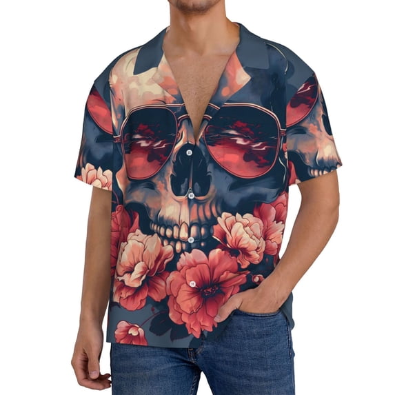 Uemuo Skull With Roses And Sunglasses Pattern Cotton Linen Short Sleeve Shirts,Casual Lightweight Button Down Shirts,Vacation Beach Summer Tops-X-Large