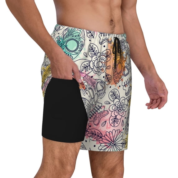 Uemuo Skull and Flowers Pattern Mens Swim Trunks Quick Dry Board Shorts with Mesh Lining, Stretch Beach Shorts Quick Dry No-Chafing Board Shorts-