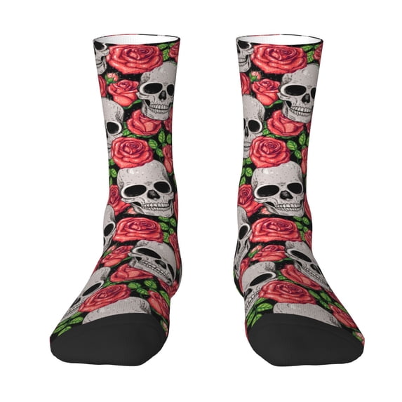 Uemuo Skull and Roses Pattern Women's Crew Socks, Soft Durable Breathable Moisture-Wicking with Odor Control Cotton socks