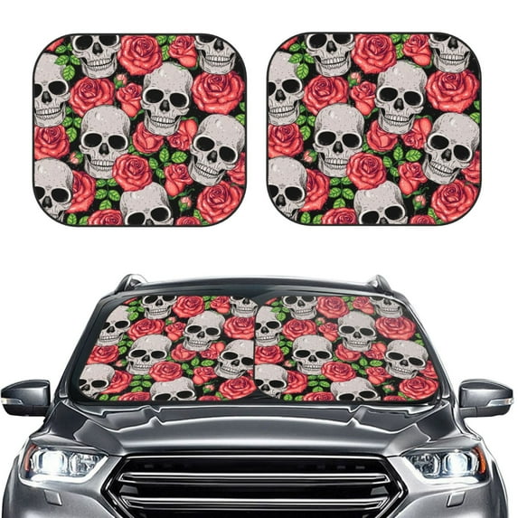 Uemuo Skull and Roses Printed 2 PCS Car Windshield Sun Shade, Auto Sun Heat and UV Rays Blocker, Foldable Automotive Front Window Sunshade Protector