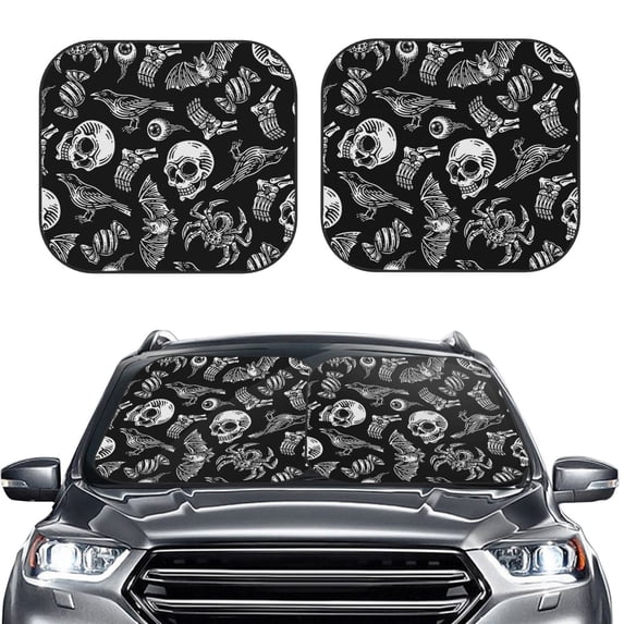 Uemuo Skull bird bat spider Printed 2 PCS Car Windshield Sun Shade, Auto Sun Heat and UV Rays Blocker, Foldable Automotive Front Window Sunshade Protector