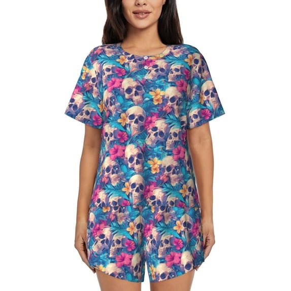 Uemuo Skull blue leaf Pattern Women's Short-Sleeved Pajama, Button-Front Loungewear, 2-Piece Summer Sleepwear, Elastic Drawstring Shorts-Medium