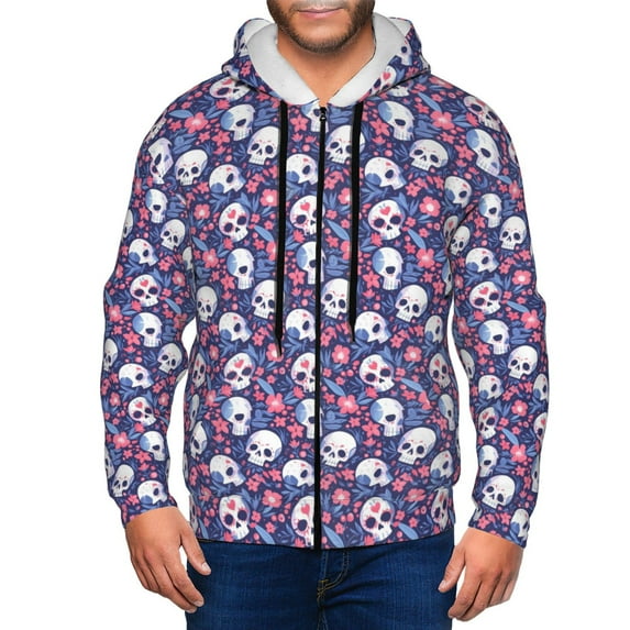 Uemuo Skull cartoon flower for Men's Fashion Full-zip Hoodies & Sweatshirts with Kangaroo Pocket, Zip-up Hooded Sweatshirt, Moisture Wicking & Breathable-Large
