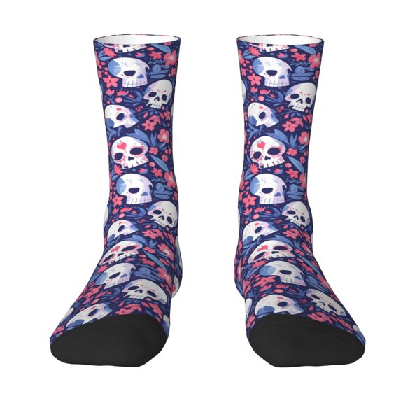 Uemuo Skull cartoon flower Pattern Women's Crew Socks, Soft Durable Breathable Moisture-Wicking with Odor Control Cotton socks