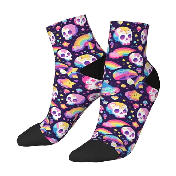 Uemuo Skull colorful mushroom rainbow Printed Crew Socks, Moisture-Wicking Socks, Athletic Socks for Men Breathable Cushion Socks Casual Sport Socks for Running Traveling
