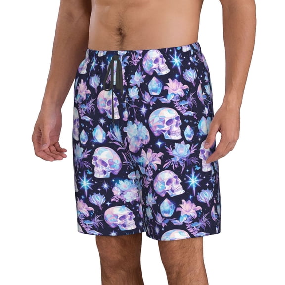 Uemuo Skull crystal flower Pattern Men's Swim Trunks Hawaiian Beach Bathing Suit Swimsuits Beach Quick-Dry Shorts with Pockets-Large