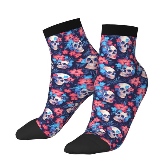 Uemuo Skull flower blue Printed Crew Socks, Moisture-Wicking Socks, Athletic Socks for Men Breathable Cushion Socks Casual Sport Socks for Running Traveling