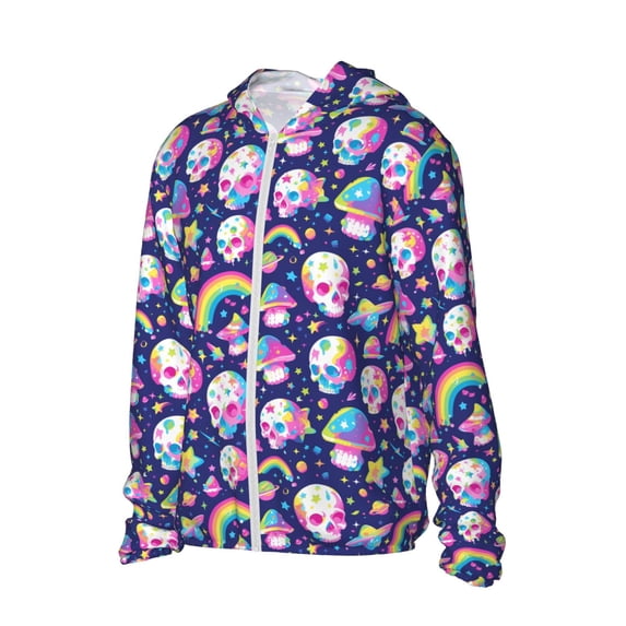 Uemuo Skull mushroom rainbow space Pattern Women's Full Zip UPF 50+ Sun Protection Hoodie Jacket Long Sleeve Sun Shirt Hiking Outdoor Performance with Pockets-Medium