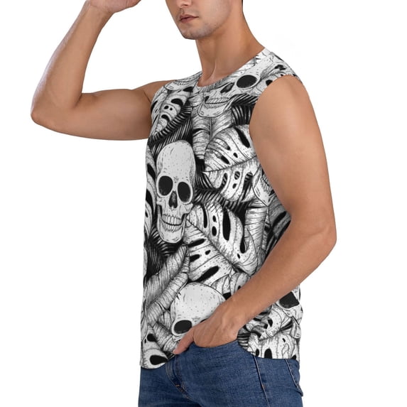 Uemuo Skull and palm leaves Pattern Men's Sleeveless T-Shirt,Muscle Athletic Tank Top, Moisture-wicking Quick-dry Breathable Classic Tee Top for Gym Run Outdoor Sports-X-Large