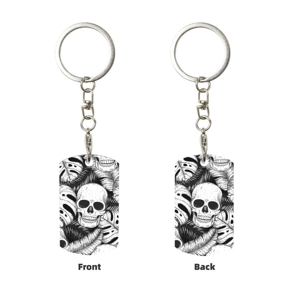 Uemuo Skull and palm leaves Pattern Rectangular Metal Keychain - Durable, Stylish, and Personalized Key Ring for Men and Women,Engraved Keychain,Gift Slim Sturdy Keychain