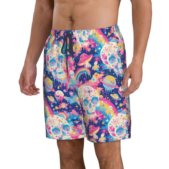 Uemuo Skull rainbow color space Pattern Men's Swim Trunks Hawaiian Beach Bathing Suit Swimsuits Beach Quick-Dry Shorts with Pockets-Medium