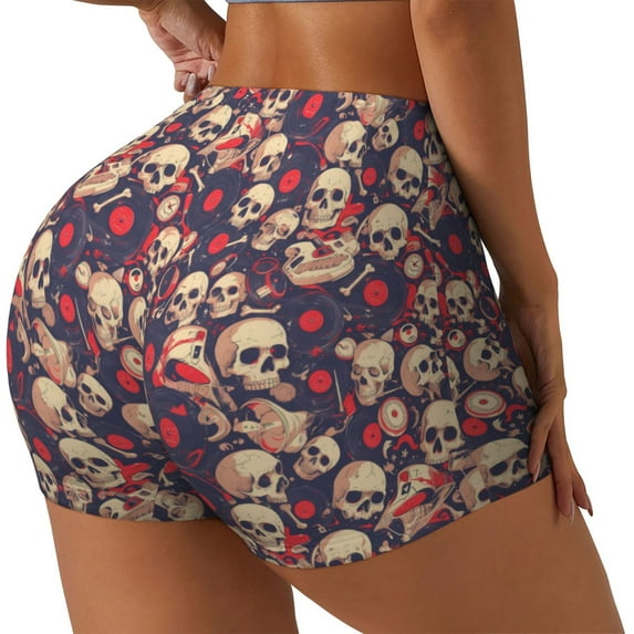 Uemuo Skull rock music record Pattern Women Workout Impact Shorts Scrunch Butt Lifting Gym Shorts Seamless Booty Biker Shorts-Small