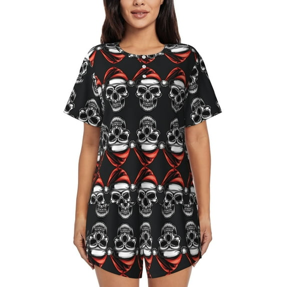 Uemuo Skull santa hat Pattern Women's Short-Sleeved Pajama, Button-Front Loungewear, 2-Piece Summer Sleepwear, Elastic Drawstring Shorts-Large