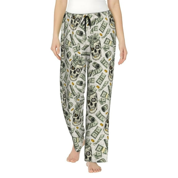 Uemuo Skull with Cash Pattern Women's Wide Leg Palazzo Lounge Pants with Pockets Light Weight Loose Comfy Casual Pajama Pants-Medium