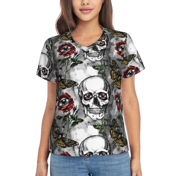Uemuo Skulls Roses Printed Women's Classic V-Neck T-Shirt - Soft, Breathable, Moisture-Wicking, Perfect for Casual, Office, Travel, and Everyday Wear-Small