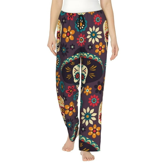 Uemuo Skulls and Flowers Pattern Women's Wide Leg Palazzo Lounge Pants with Pockets Light Weight Loose Comfy Casual Pajama Pants-Medium