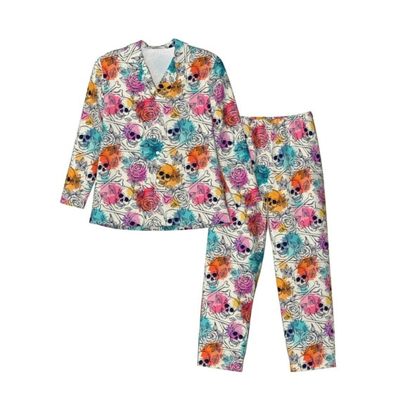 Uemuo Skulls and Roses Pattern 2-Piece Loungewear Set - Men’s Soft Sleepwear, Cozy Winter PJs, Comfy Sleep Set-Large