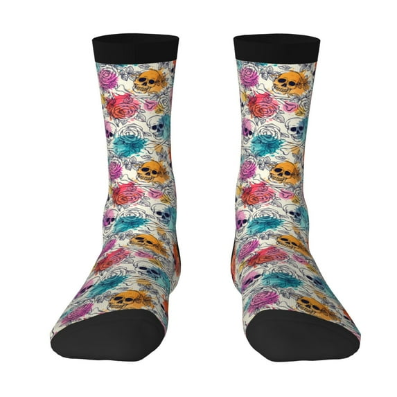 Uemuo Skulls and Roses Pattern Women's Crew Socks, Soft Durable Breathable Moisture-Wicking with Odor Control Cotton socks