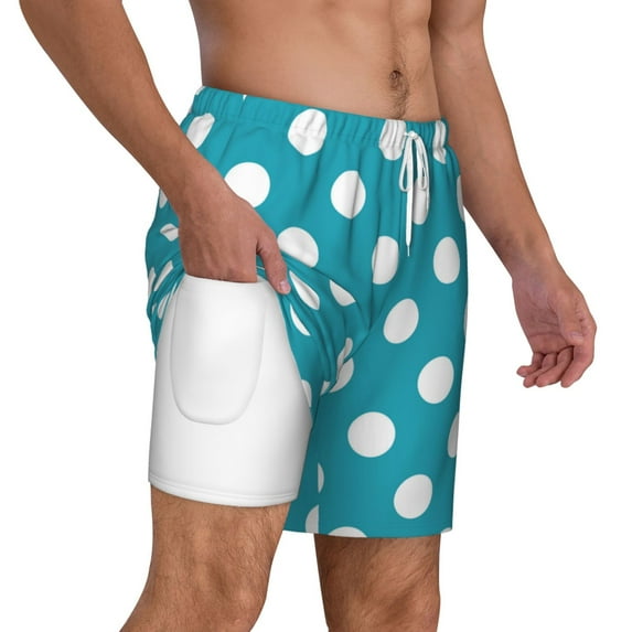 Uemuo Sky Blue And White Polka Dot Pattern Mens Swim Trunks Quick Dry Board Shorts with Mesh Lining, Stretch Beach Shorts Quick Dry No-Chafing Board Shorts-X-Large