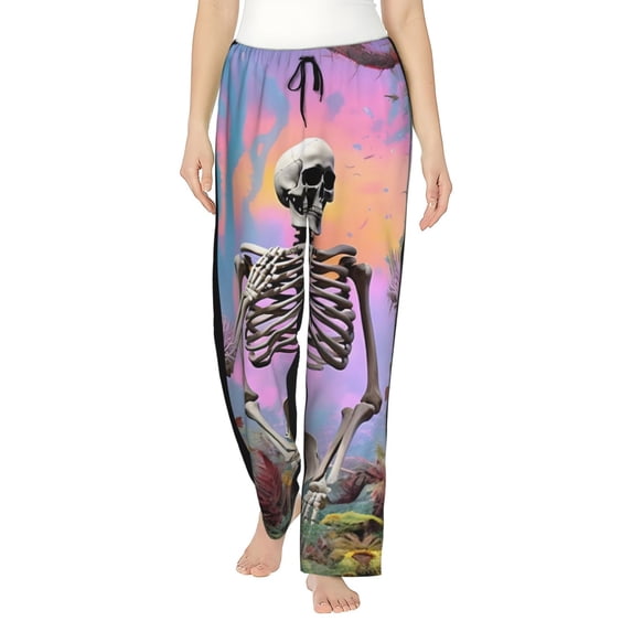 Uemuo Sky Sunflower Skull Pattern Women's Wide Leg Palazzo Lounge Pants with Pockets Light Weight Loose Comfy Casual Pajama Pants-XX-Large
