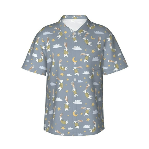 Uemuo Sleep Rabbit Printed Regular Fit Short Sleeve Casual Hawaiian Shirt for Men,Aloha shirt,Tropical shirt,Floral print shirt,Vacation Beach shirt-X-Large