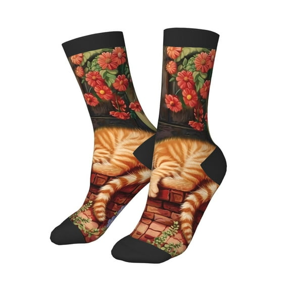 Uemuo Sleeping Cat Flowers Printed Kids Boys Socks Seamless Crew Socks Crazy Funny Athletic Sport Socks for Children
