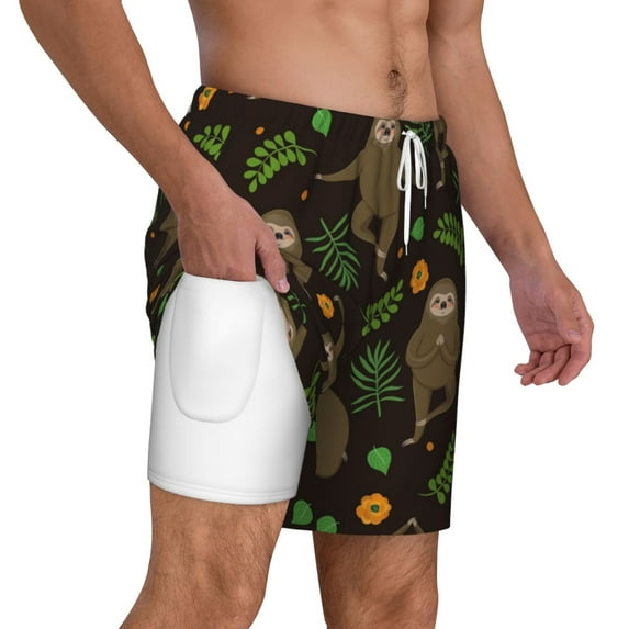 Uemuo Sloth Doing Yoga Pattern Mens Swim Trunks Quick Dry Board Shorts with Mesh Lining, Stretch Beach Shorts Quick Dry No-Chafing Board Shorts-XX-Large